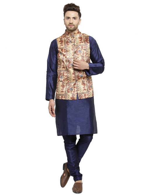 navy blue silk blend kurta pyjama set with nehru jacket - 16273930 - Very Small Image - 1