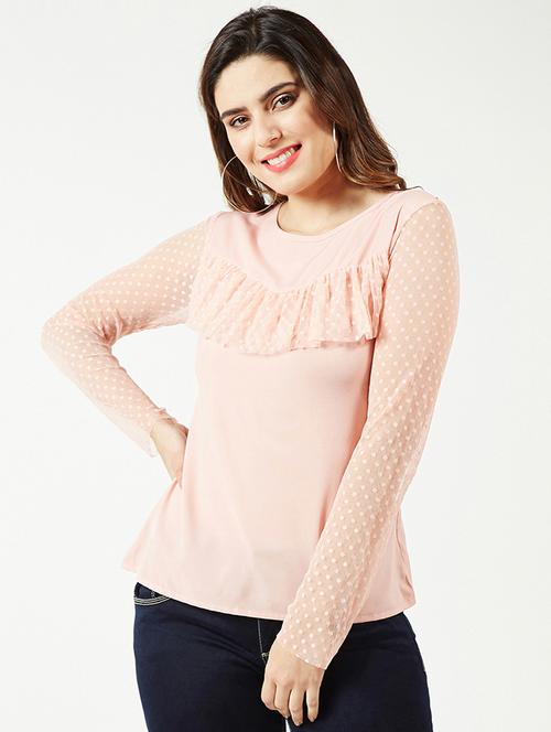 dotted mesh ruffle detail top - 16274812 - Very Small Image - 1