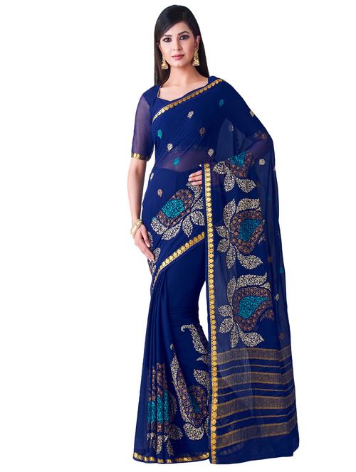 women's self design blue colored saree with blouse - 16275590 - Very Small Image - 1