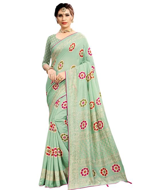 green cotton silk printed saree with blouse - 16286964 - Very Small Image - 1