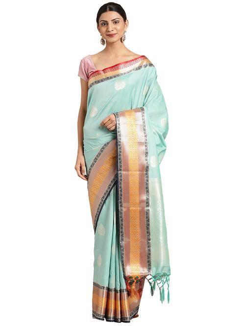 turquoise silk blend kanjivaram saree with blouse - 16292535 - Very Small Image - 1