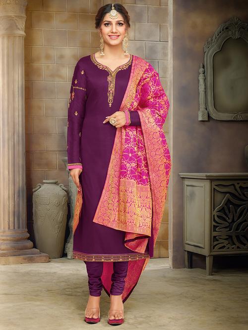 embroidered unstitched churidaar suit - 16293723 - Very Small Image - 1