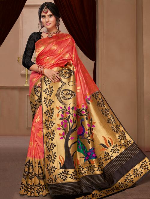 women's self design peach colored saree with blouse - 16301720 - Very Small Image - 1