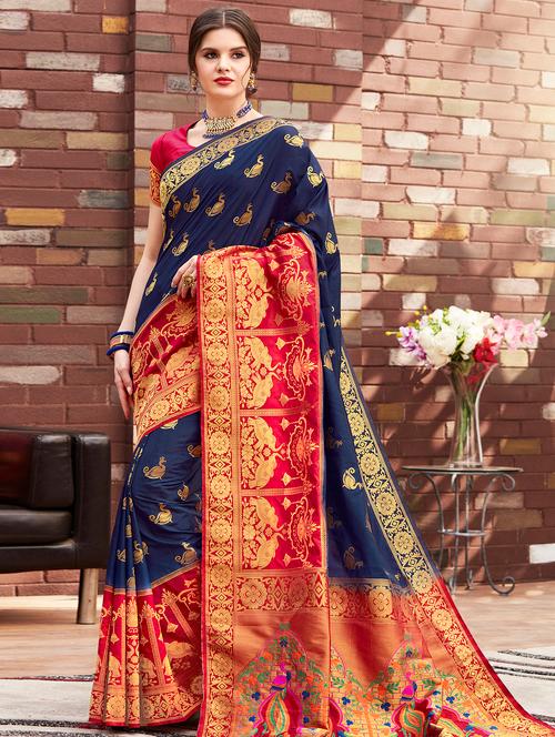 conversational paithani saree with blouse - 16301731 - Very Small Image - 1