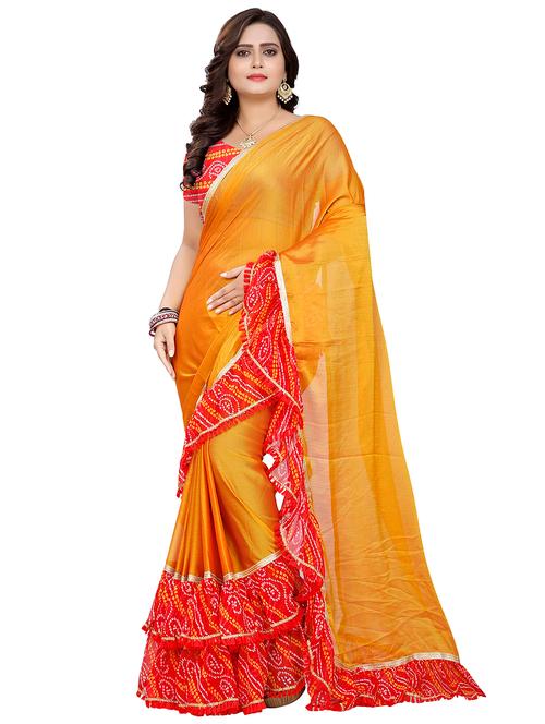 bandhani ruffle border saree with blouse - 16302241 - Very Small Image - 1