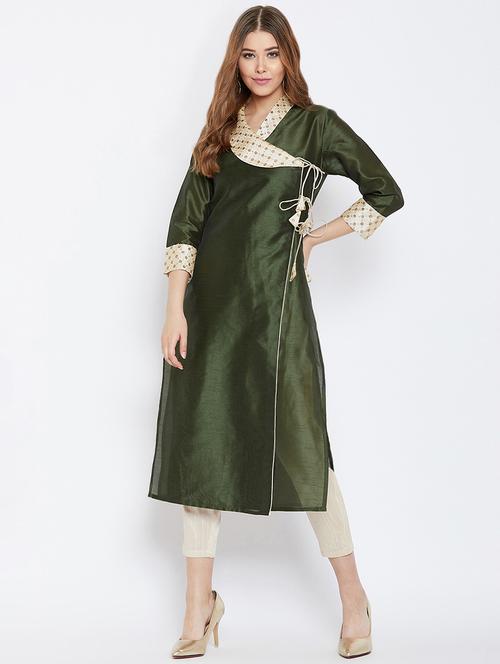 olive raw silk angrakha kurta - 16302405 - Very Small Image - 1