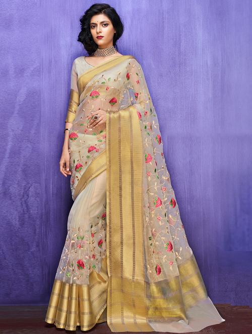 zari border floral embroidered saree with blouse - 16319296 - Very Small Image - 1