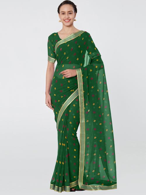 striped border bandhani saree with blouse - 16323246 - Very Small Image - 1
