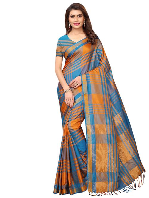 contrast checkered woven saree with blouse - 16331254 - Very Small Image - 1