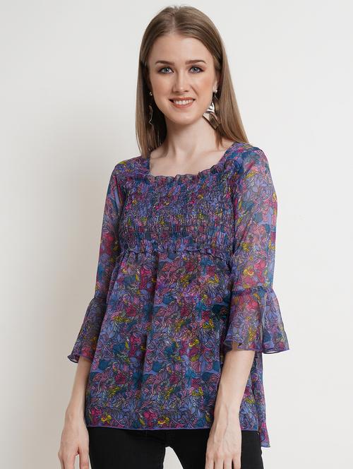 women floral print smocked detail bell sleeved top - 16335308 - Very Small Image - 1