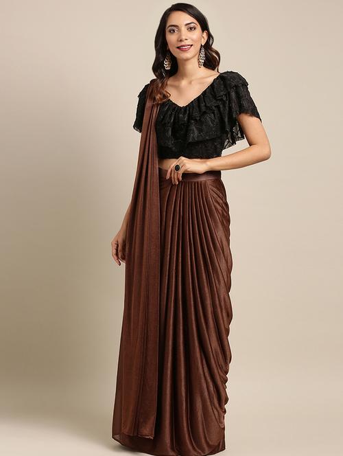 solid drape fusion saree with blouse - 16336435 - Very Small Image - 1