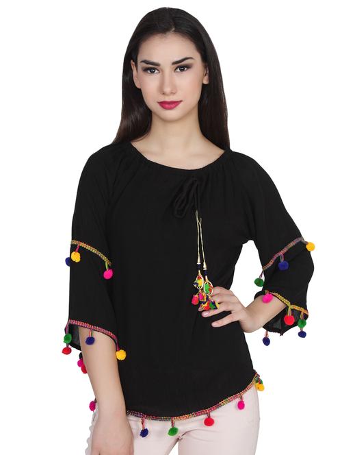 tie up neck pom pom laced top  - 16336971 - Very Small Image - 1