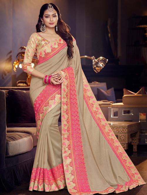 contrast border embroidered saree with blouse - 16340578 - Very Small Image - 1
