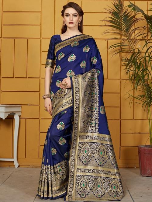 ethnic zari motif woven saree with blouse - 16348294 - Very Small Image - 1