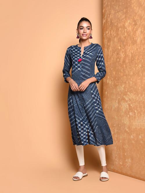 indigo printed a-line kurta - 16352232 - Very Small Image - 1