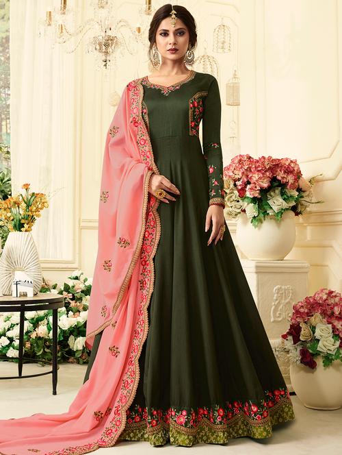 embroidered semi-stitched anarkali suit - 16357337 - Very Small Image - 1