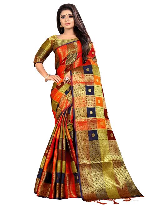 checkered zari motif kanjivaram saree with blouse - 16361699 - Very Small Image - 1