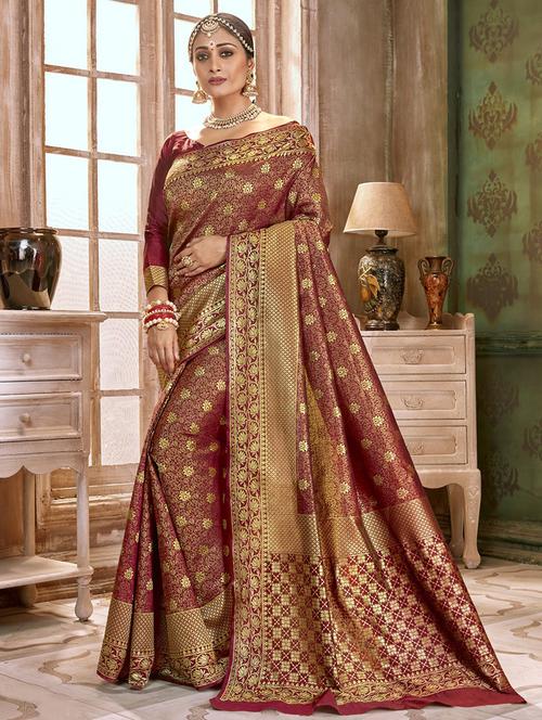floral zari motif banarasi saree with blouse - 16362302 - Very Small Image - 1