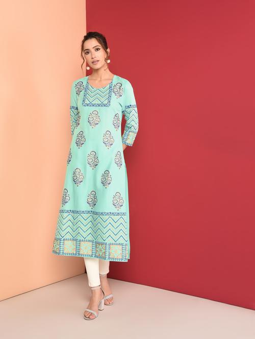 turquoise straight kurta - 16368588 - Very Small Image - 1