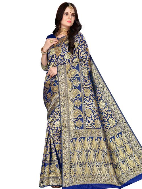 navy art silk banarasi saree with blouse - 16369915 - Very Small Image - 1