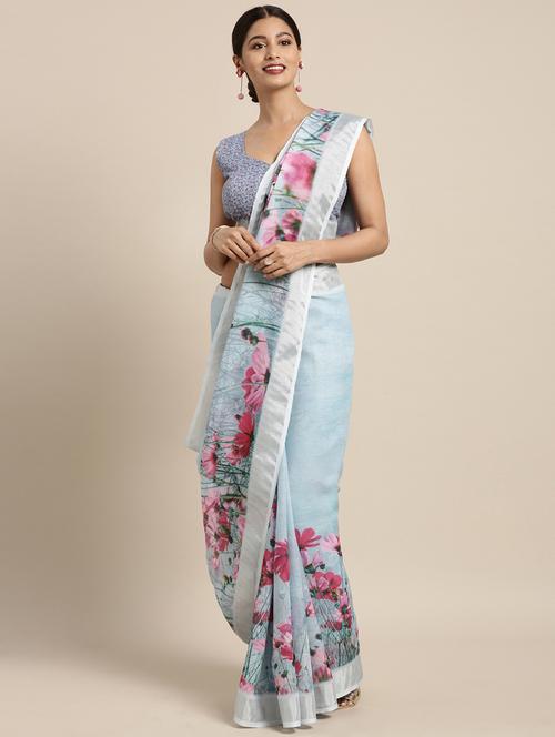 digital floral printed saree with blouse - 16370019 - Very Small Image - 1