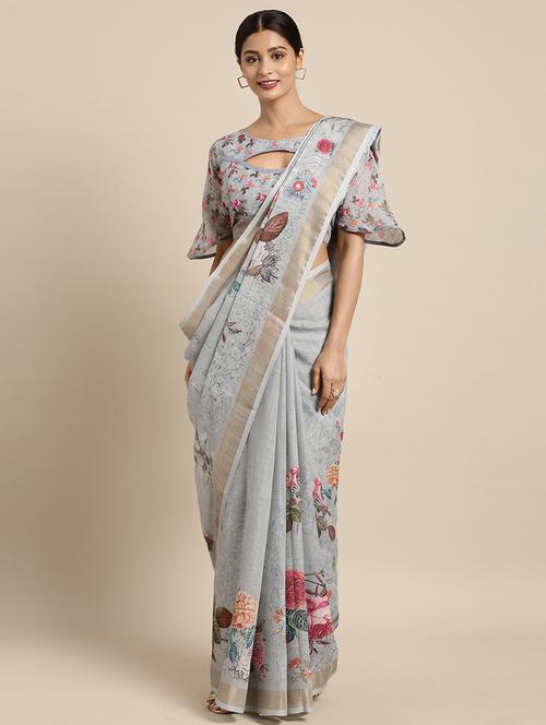 digital floral printed saree with blouse - 16370021 - Very Small Image - 1