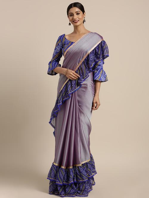 bandhani ruffle border saree with blouse - 16370032 - Very Small Image - 1