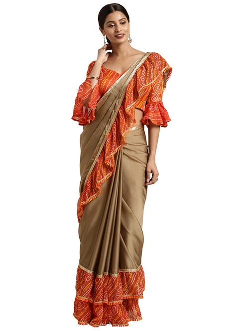 bandhani ruffle border saree with blouse - 16370034 - Very Small Image - 1
