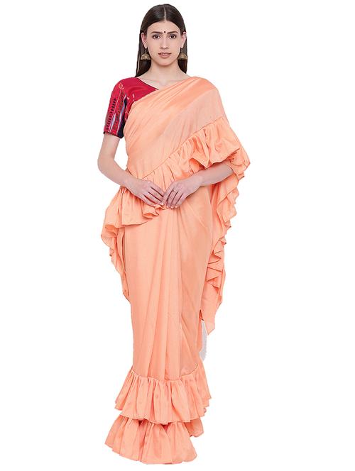 women's solid peach colored saree with blouse - 16370035 - Very Small Image - 1