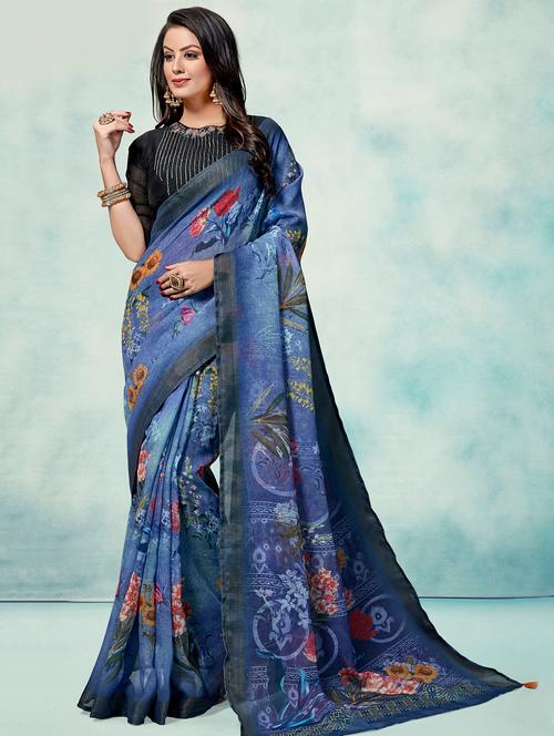 women's floral indigo colored saree with blouse - 16374913 - Very Small Image - 1