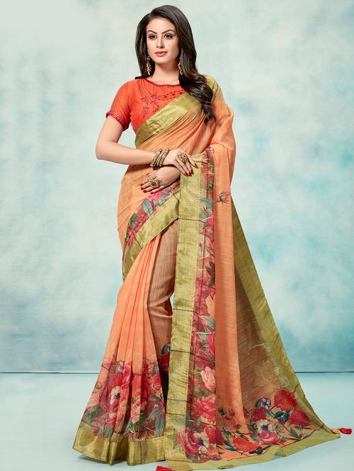 women's floral peach colored saree with blouse - 16374929 - Very Small Image - 1