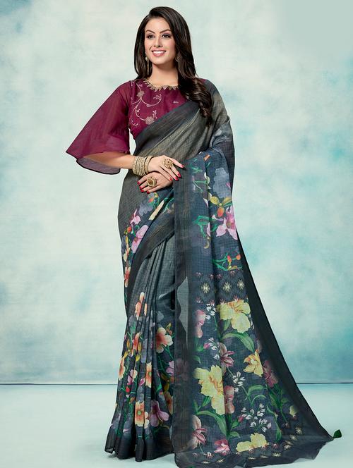 women's floral grey colored saree with blouse - 16374934 - Very Small Image - 1