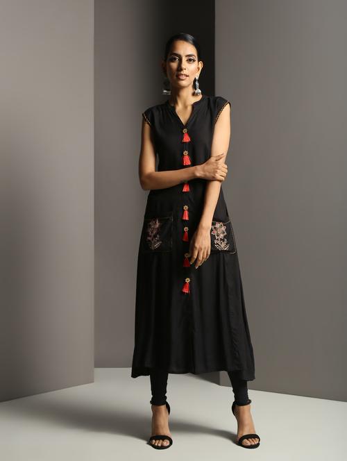 block print a-line kurta with tassels - 16378846 - Very Small Image - 1