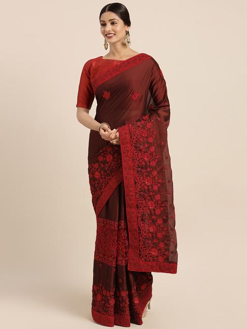 bordered embroidered saree with blouse - 16379355 - Very Small Image - 1