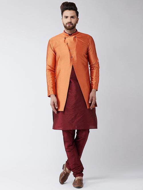 maroon silk blend kurta pyjama with orange jacket - 16385525 - Very Small Image - 1