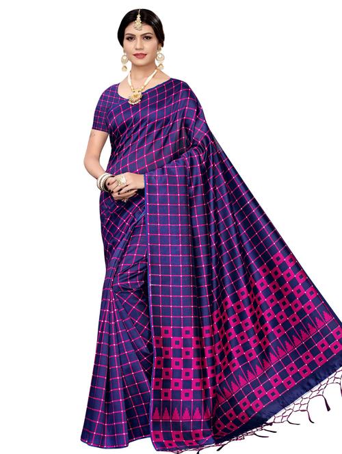 checkered printed mysore silk saree with blouse - 16390046 - Very Small Image - 1