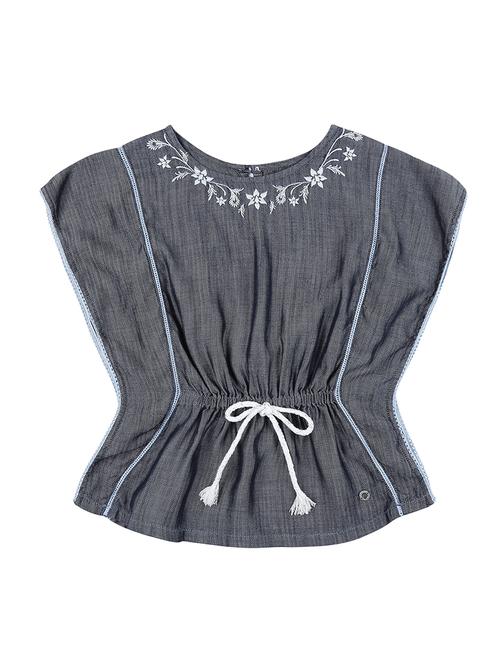 drawstring wait embroidered neck kaftan top - 16391903 - Very Small Image - 1