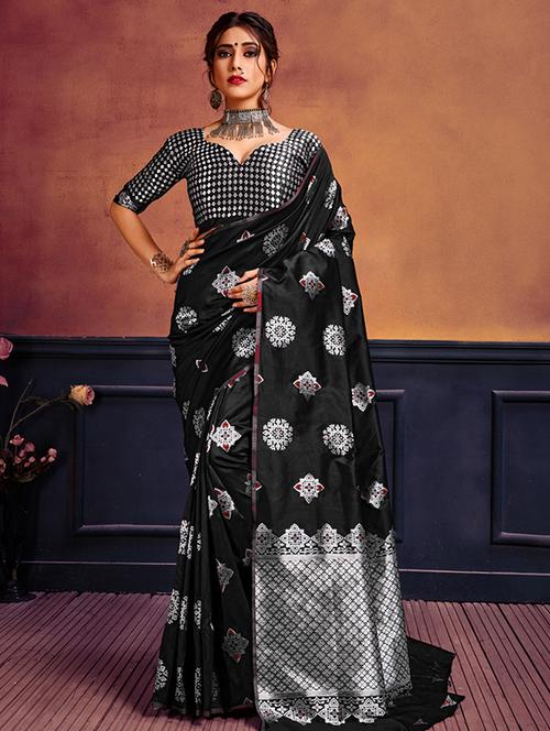 silver zari motifs banarasi saree with blouse - 16392432 - Very Small Image - 1