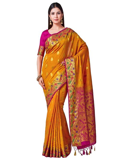 women's self design mustard colored saree with blouse - 16406372 - Very Small Image - 1