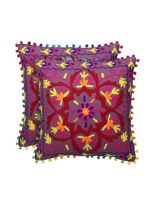 purple aari embroidered cushion cover 16x16 inches. set of 2pcs - 16406530 - Very Small Image - 1