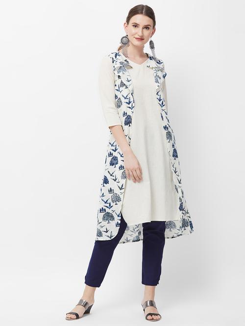 solid kurta with printed jacket - 16406730 - Very Small Image - 1