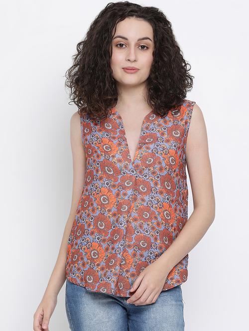 notch neck curved hem floral top - 16406960 - Very Small Image - 1