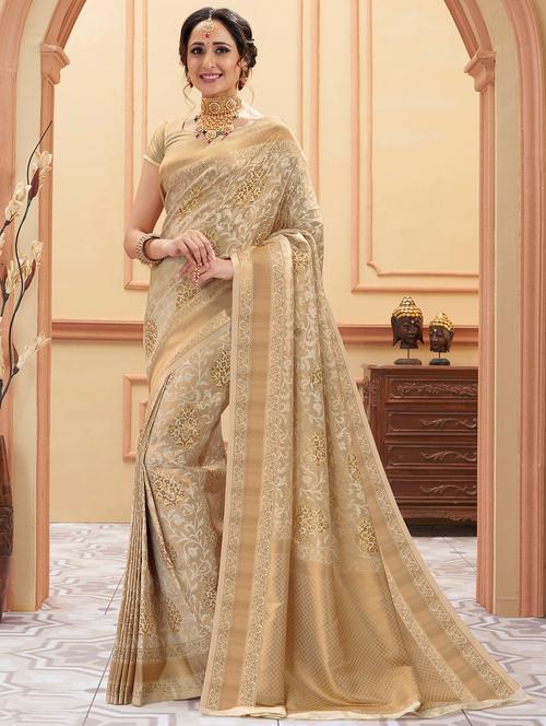 floral zari motif woven saree with blouse - 16410288 - Very Small Image - 1