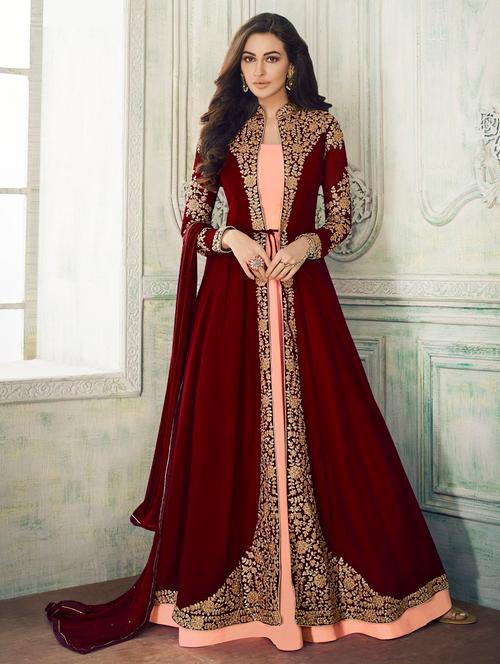 embroidered anarkali semi-stitched suit - 16420791 - Very Small Image - 1