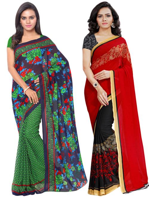set of 2 multicolor printed saree combo with blouse - 16425595 - Very Small Image - 1