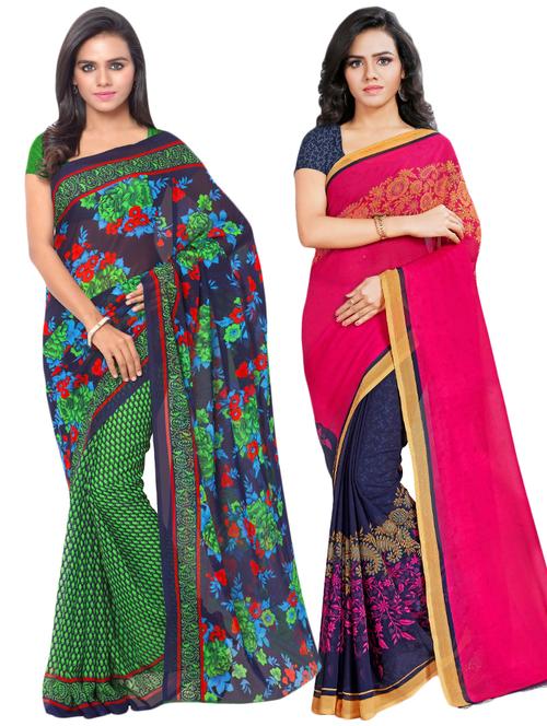 set of 2 multicolor printed saree combo with blouse - 16425597 - Very Small Image - 1