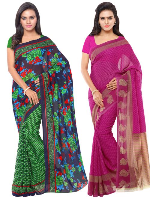 set of 2 multicolor printed saree combo with blouse - 16425599 - Very Small Image - 1