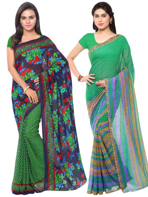 set of 2 multicolor printed saree combo with blouse - 16425602 - Very Small Image - 1