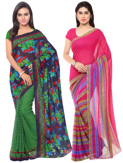 set of 2 multicolor printed saree combo with blouse - 16425603 - Very Small Image - 1