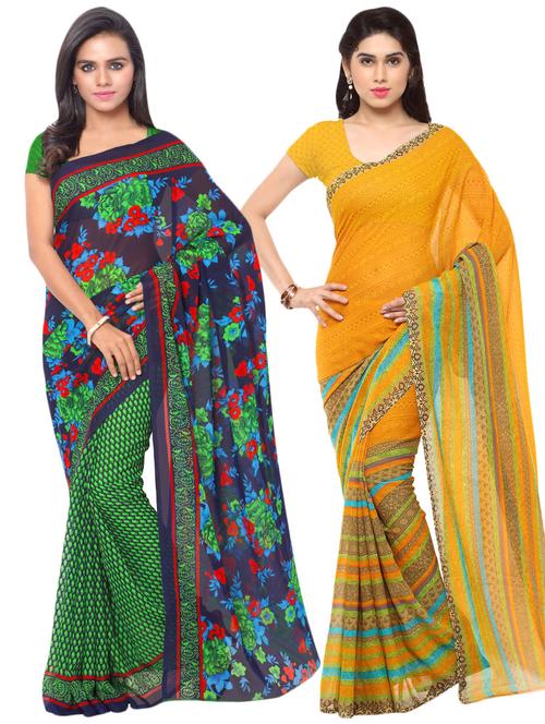 set of 2 multicolor printed saree combo with blouse - 16425604 - Very Small Image - 1